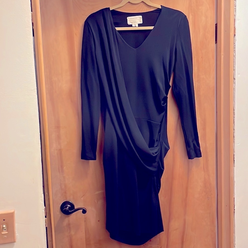 Artelier by Nicole Miller black front sash draped dress